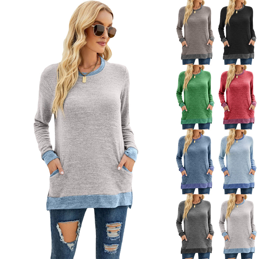 Women's Round Neck Multicolor Pocket Long Temperament Commute Sleeve Top Loose-fitting Pullover