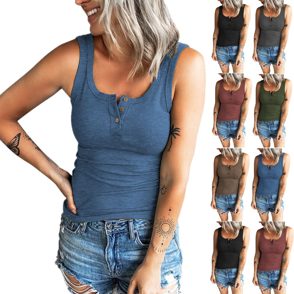 Women's Button Leisure Slim Vest Top T-shirt