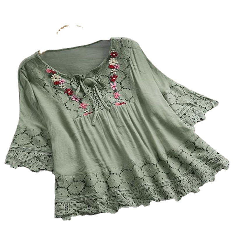 Summer Cotton Linen Stitching Lace Elegant Solid Color V-neck Loose Women's Top