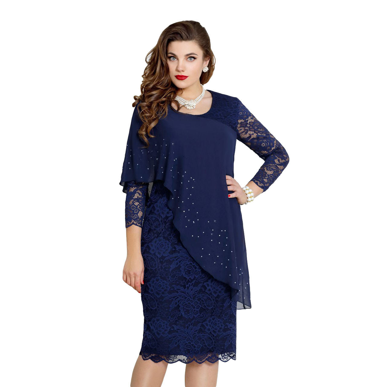 Large Size Solid Color Stitching Basic Model 3/4 Sleeve Fashion Slim Evening Party Dress