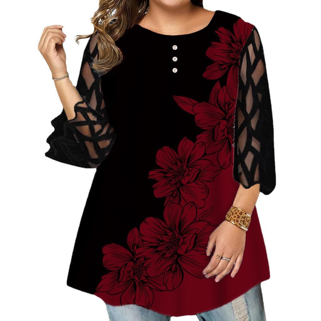 Plus Size Women's Pullover Top Lace Sleeve Floral Loose-fitting Casual T-shirt