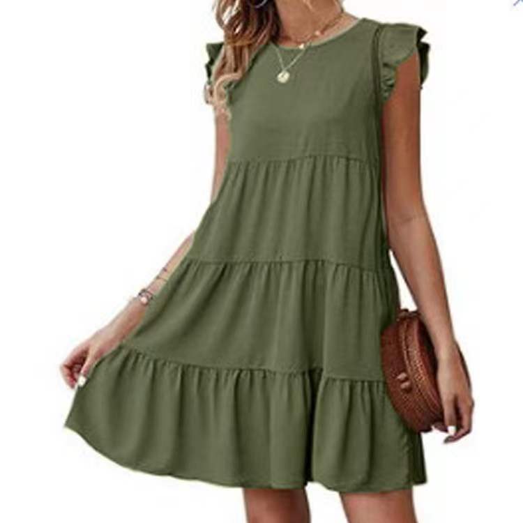 Summer Solid Color Round Temperament Commute Neck Short Sleeves Casual Cake Pleated Large Swing Dress