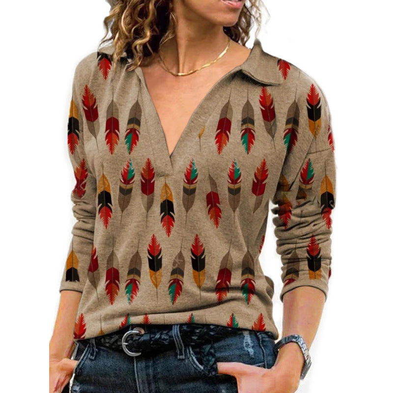 Women's Pullover Vintage Printed Lapel Long Sleeve T-shirt