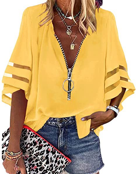 V-neck Zipper Half Bell Sleeve Mesh Solid Color Stitching Loose Casual Women's Shirt