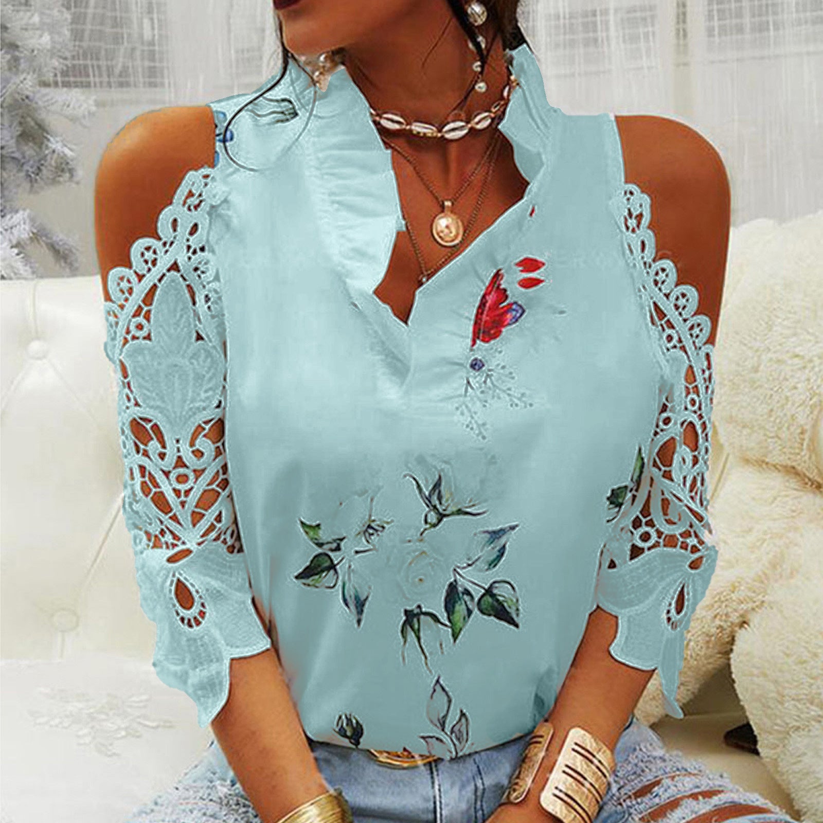 Summer Women's Top Flower Print Pullover Off-shoulder Lace Stitching Long Sleeve T-shirt