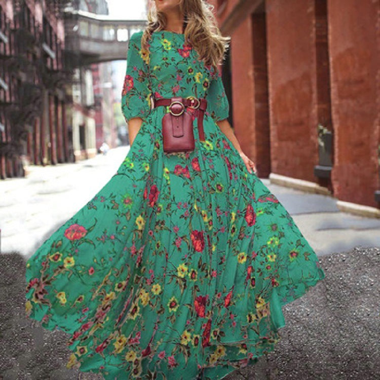 Autumn Women Floral Round Neck Print Swing Urban Casual Slimming Dress