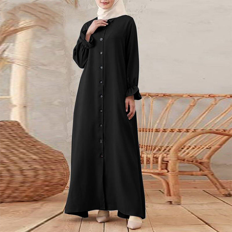 Spring Long Skirt Casual Retro Women's Cardigan Round Neck Swing Dress