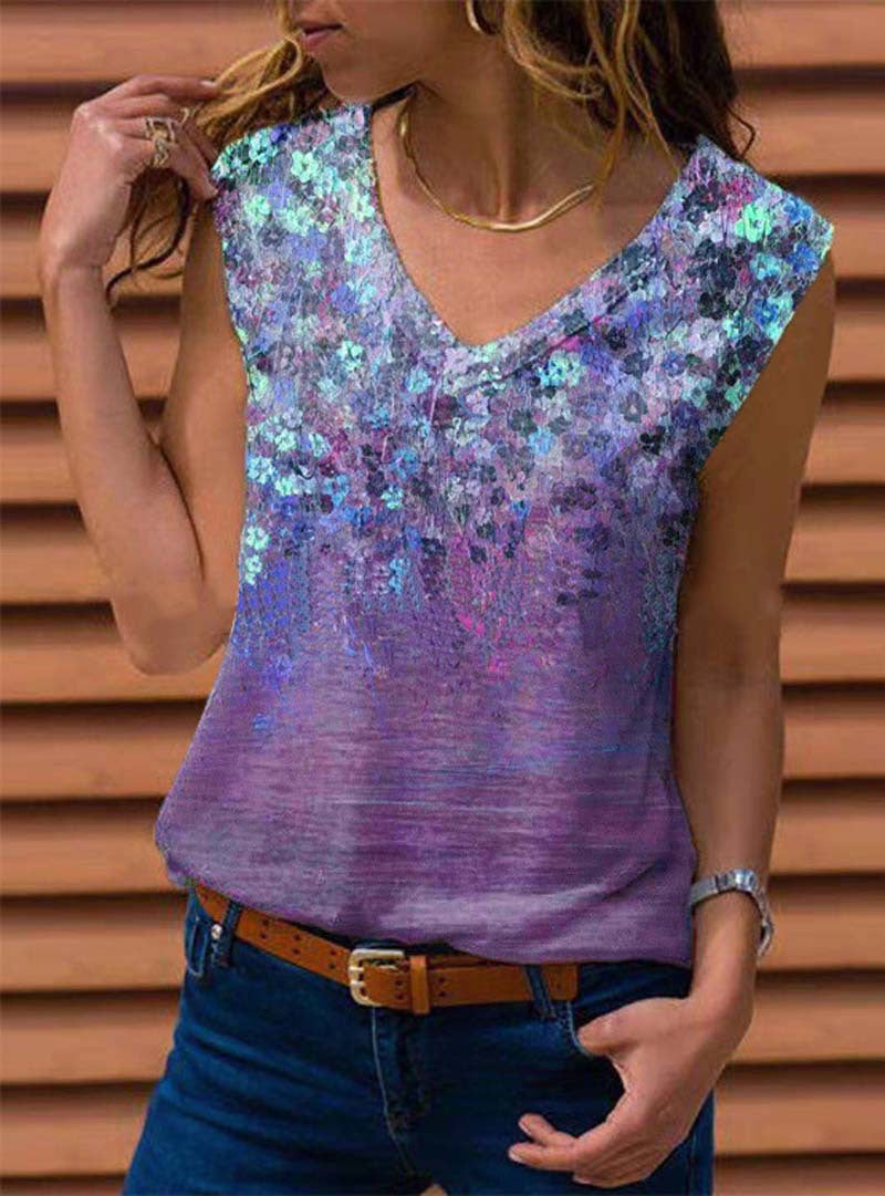 Women Loose Sleeveless V-neck Printed Vest T-shirt