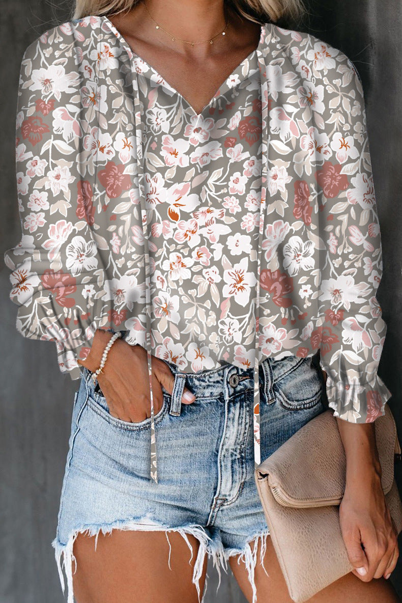 Women's Ol Commuting Floral Print Shirt V-neck Long-sleeved Top