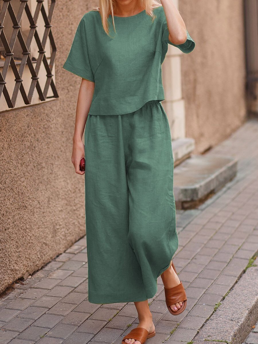 Casual Plus Size Loose Solid Classic Style Color Shirt Trousers Two-piece Suit