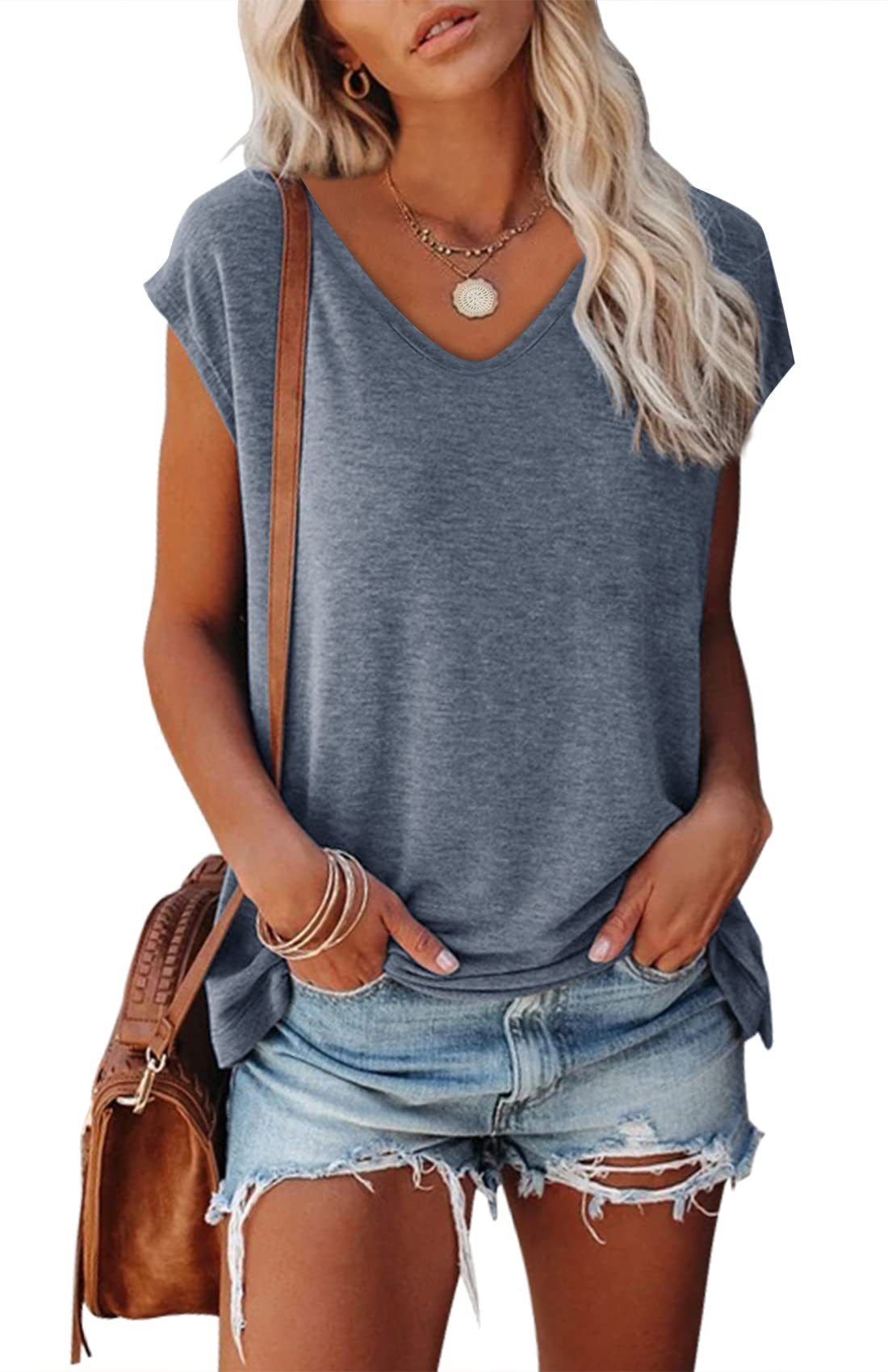 Solid Color V-neck Cotton Blend Casual Loose Sleeveless Top Women's T-shirt