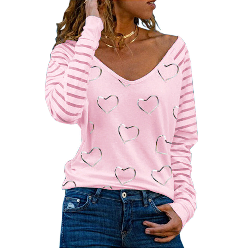 Loose Women's Large Size V-neck Heart Printing Long-sleeved T-shirt