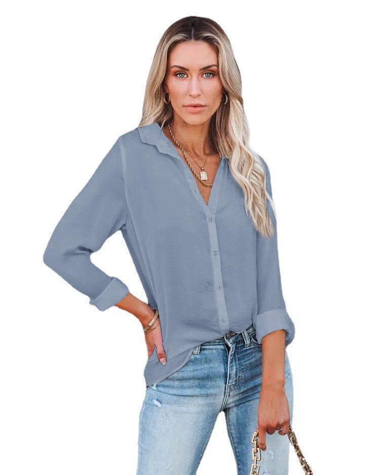 Women's Polyester Fiber Casual Loose Long Sleeve Button V-neck Shirt Top