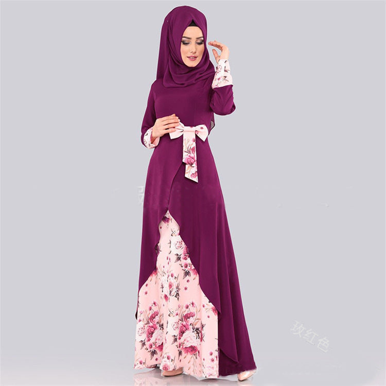 Muslim Long Sleeve Basic Model Dress Multi-color Printed Loose Waist Pullover