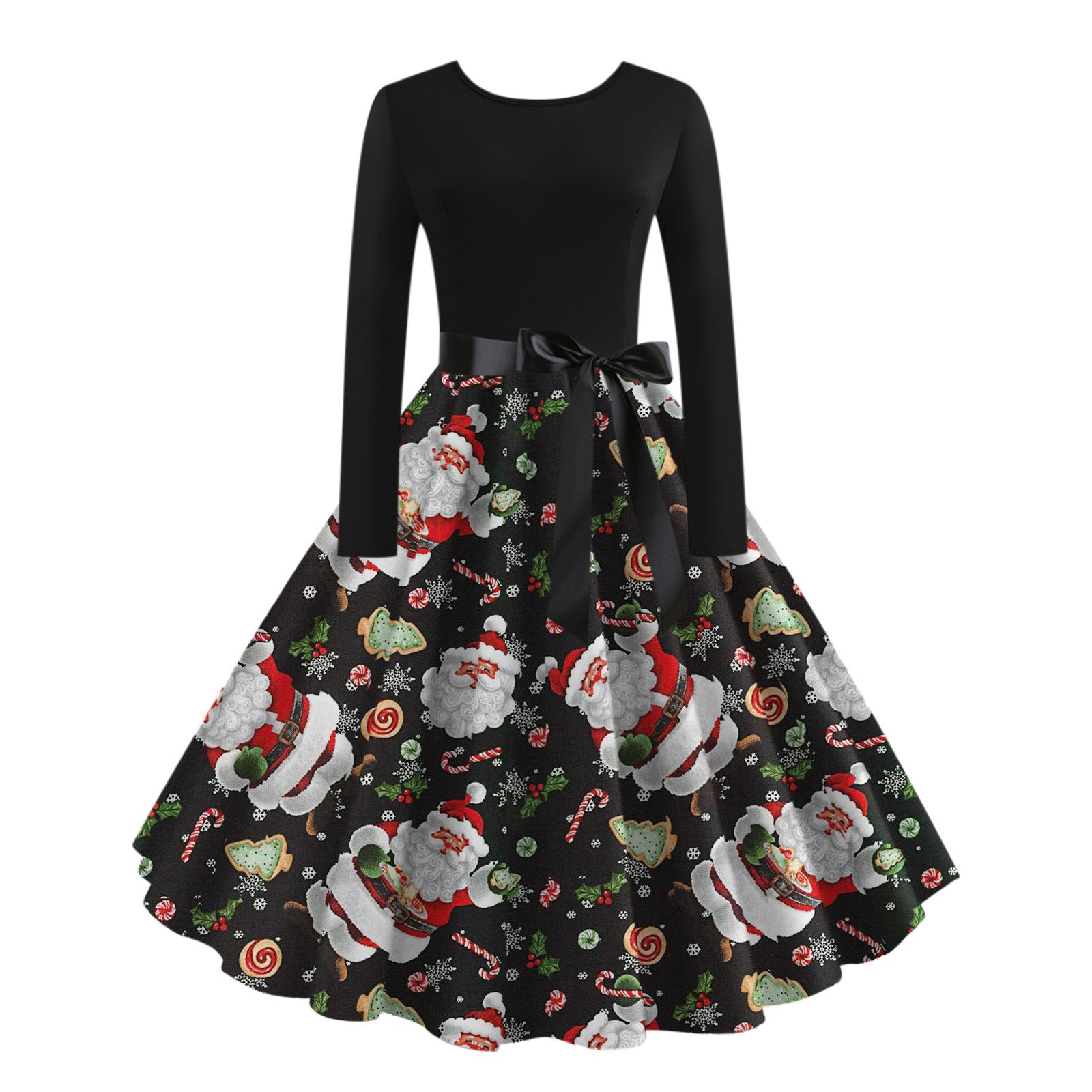 Digital Printing Autumn Retro Christmas Festival Printed Round Neck Long Sleeve Big Hem Dress