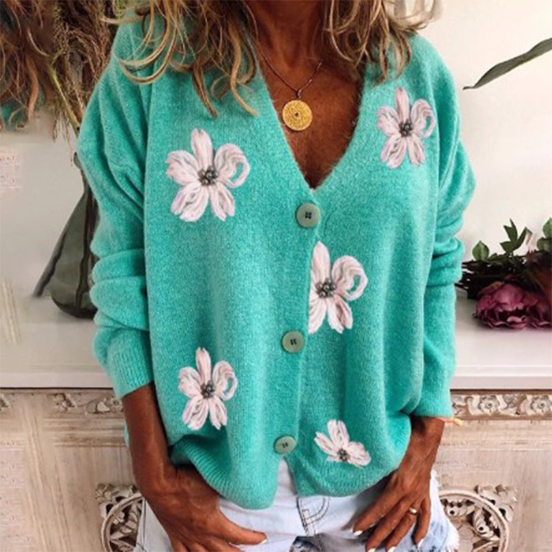Women's Temperament Commute Long-sleeved Cardigan Embroidered V-neck Knitted Sweater