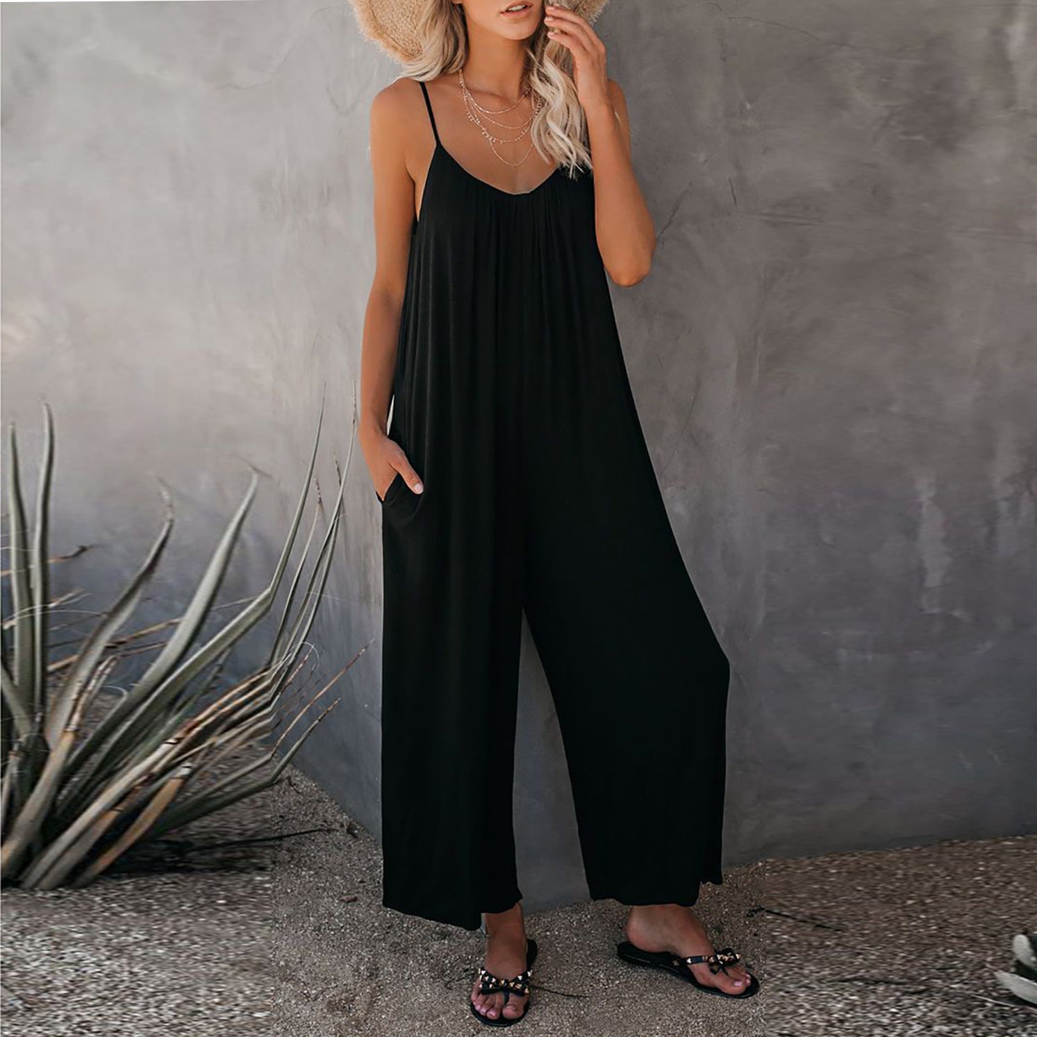 Women's Sling Summer Solid Sleeveless Color Pocket Casual Jumpsuit