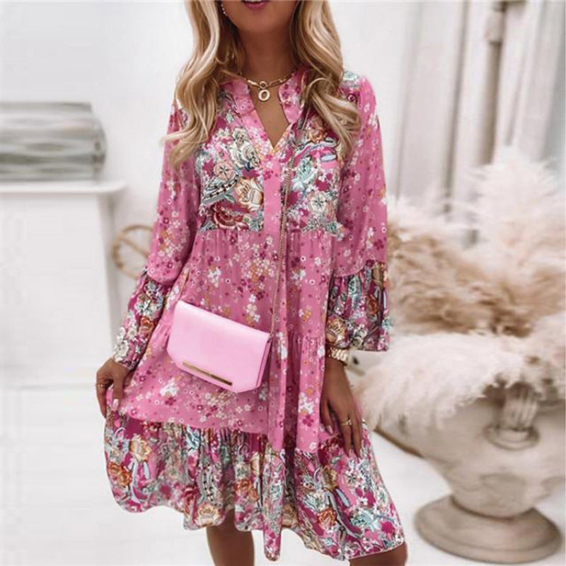 Women's Floral Splicing High Waist Skirt Layered Mini Dress