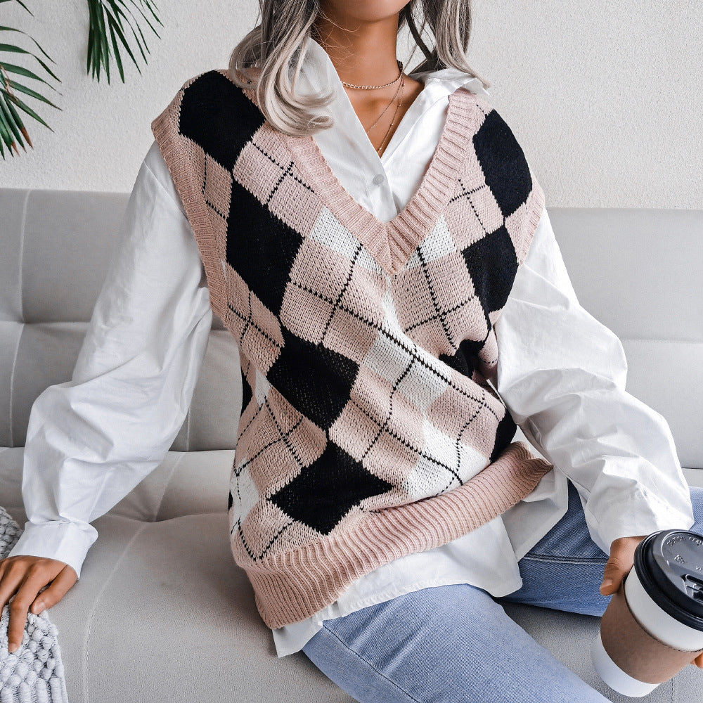 College Pullover Rhombus V-neck Casual Loose Knitted Sweater Women's Vest