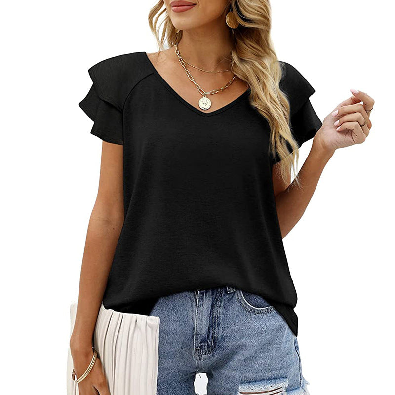 Women's Summer Solid Color V-neck Double-layer Ruffled Urban Leisure Sleeve Loose Top T-shirt