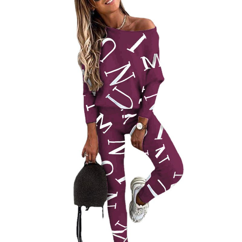 Autumn Leisure Women Letter Printed Long-sleeved Trousers Casual Suit