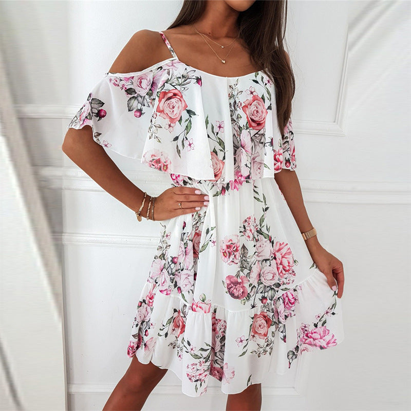 Chiffon Printed Printing Off-the-shoulder Strap Sexy Dress