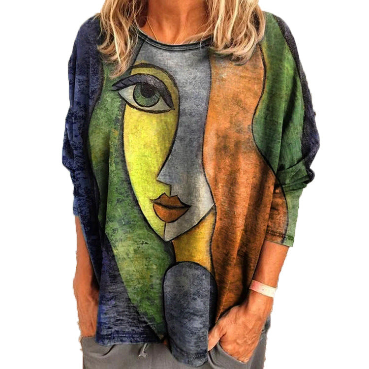 Large Size Women's Printing Print Long Sleeve Loose T-shirt