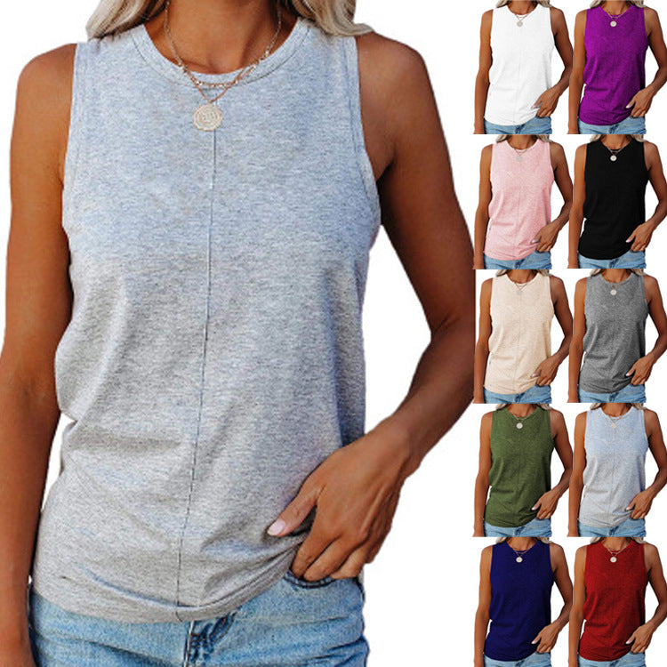 Summer Women's Stylish Casual Style Loose Round Neck Solid Color Sleeveless Vest T-shirt