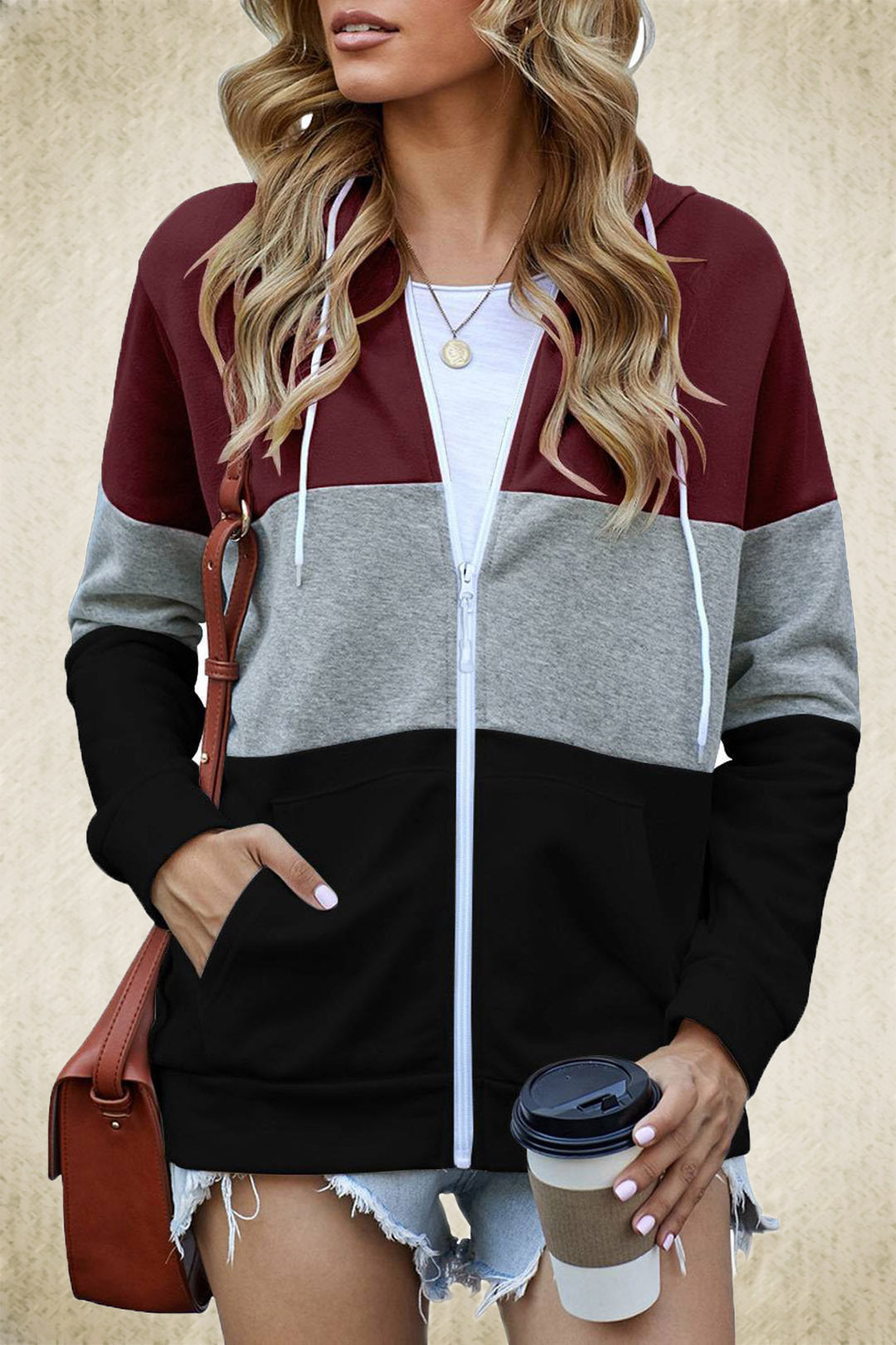 Long Sleeve Color Hooded Sweatshirt Women's Cotton Blend Zipper Pocket Cardigan Jacket