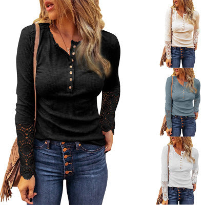 Round Neck Stitching Lace Pullover Sleeve Loose-fitting Solid Color Long T-shirt