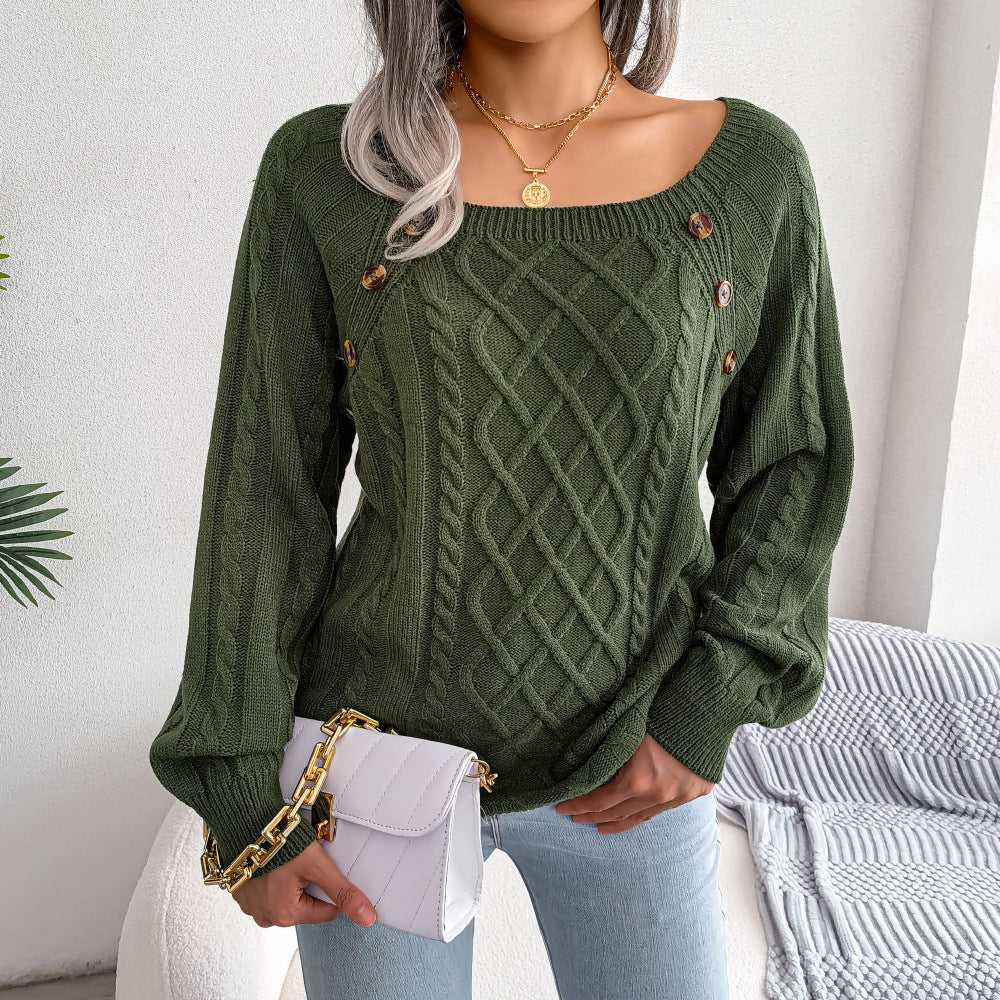 Rhombus Casual Square Collar Twist Knitted Sweater Women's Pullover
