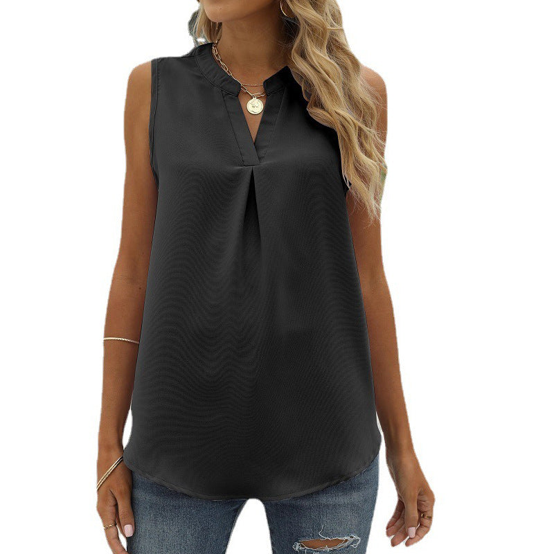 Women's Solid Color Chiffon Leisure Shirt Loose V-neck Pullover Sleeveless Top Vest