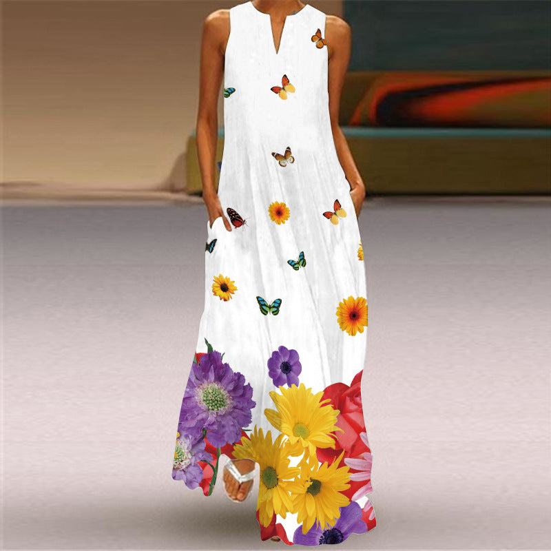 Swing Summer Women's Fashion Sexy Digital Printed V-neck Sleeveless Pocket Dress