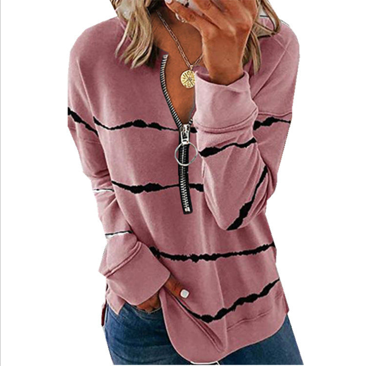 Autumn Striped Zipper V-neck Long Sleeve Large Stripes Size Loose-fitting Women's T-shirt