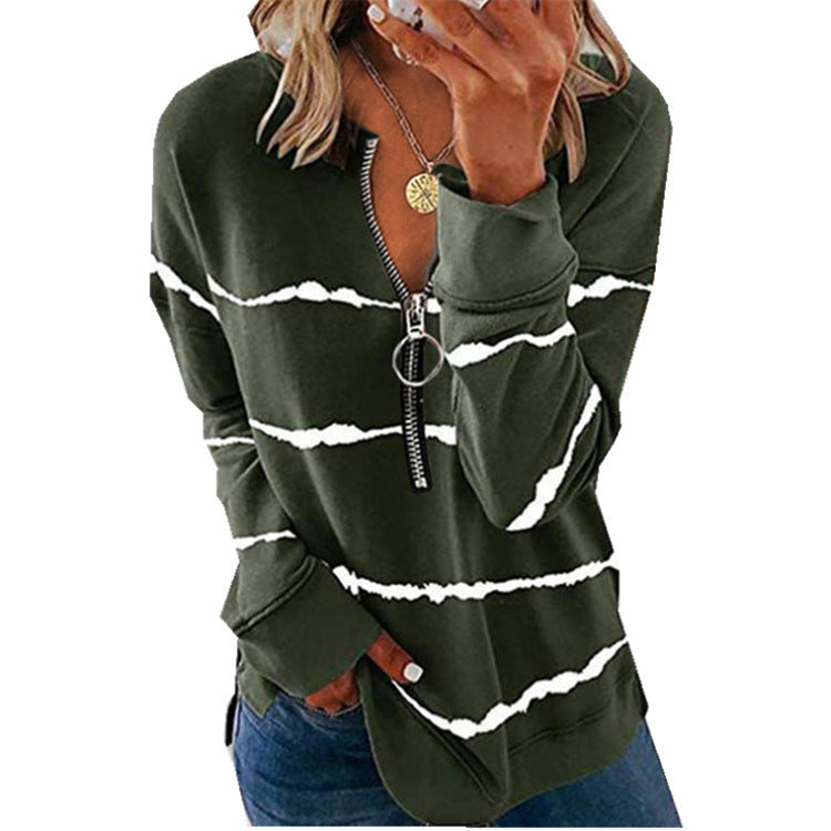 Autumn Striped Zipper V-neck Long Sleeve Large Stripes Size Loose-fitting Women's T-shirt