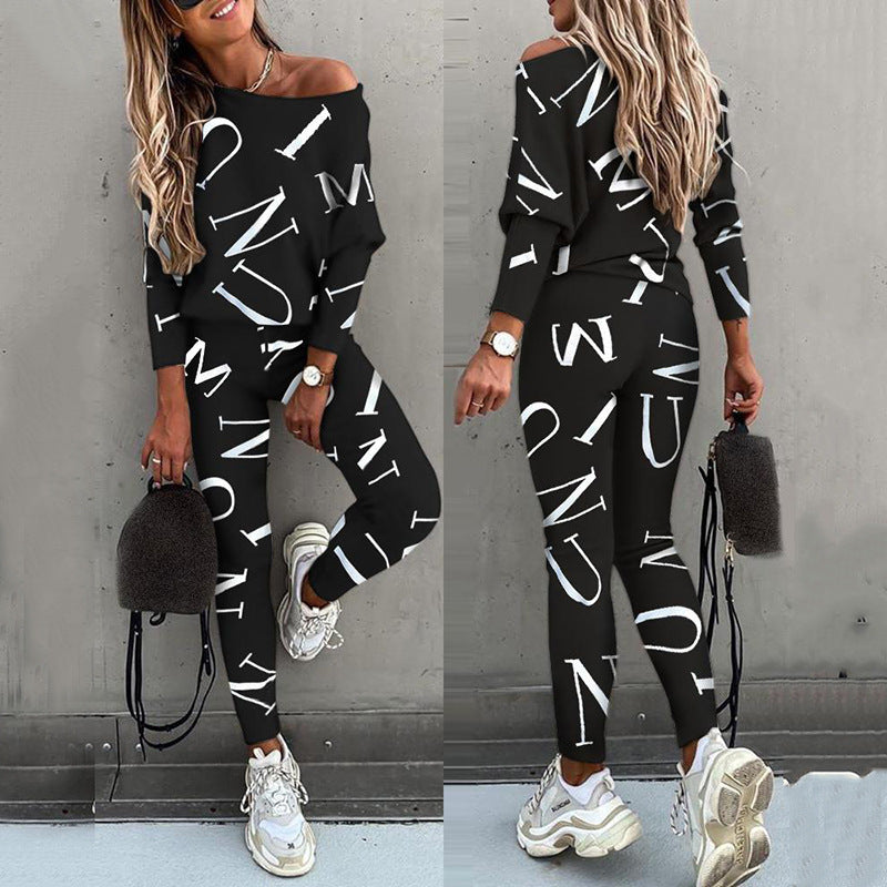 Autumn Leisure Women Letter Printed Long-sleeved Trousers Casual Suit