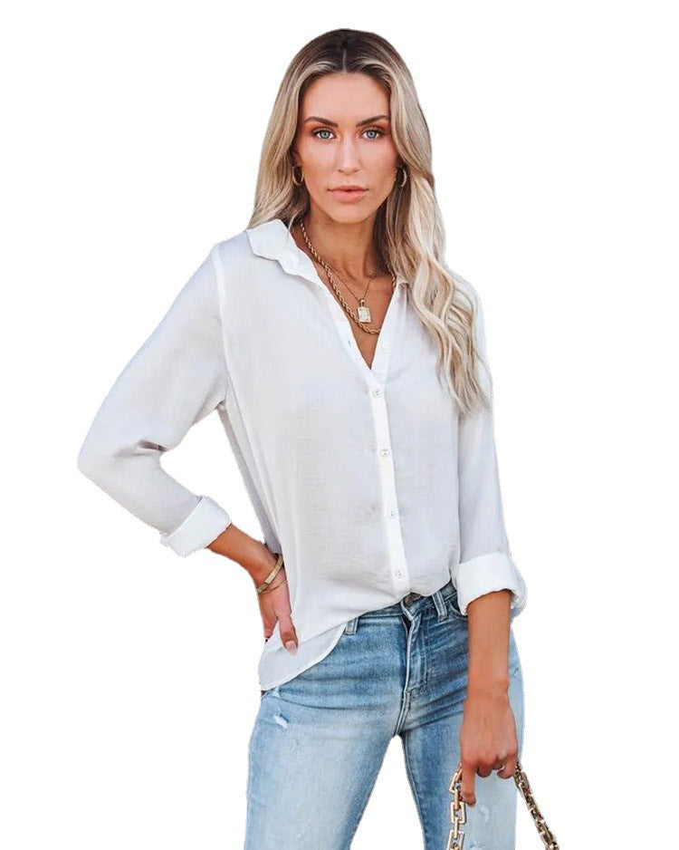 Women's Polyester Fiber Casual Loose Long Sleeve Button V-neck Shirt Top