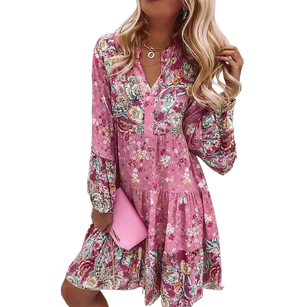 V-neck Floral Stitching Swing Printing Short Cropped Sleeves Layered Mini Dress