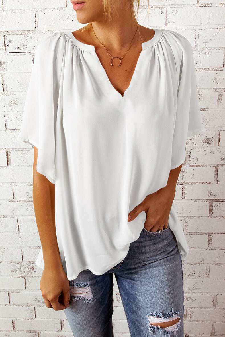 Solid Color Summer Loose-fitting V-neck Casual Women's T-shirt Chiffon Top