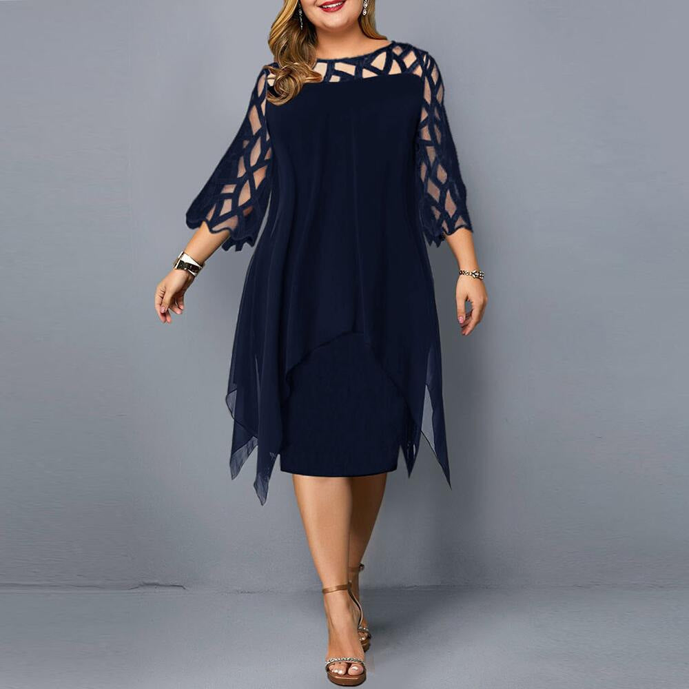 Lace Stitching 3/4 Sleeve Mid Skirt Irregular Hem Chiffon Dress