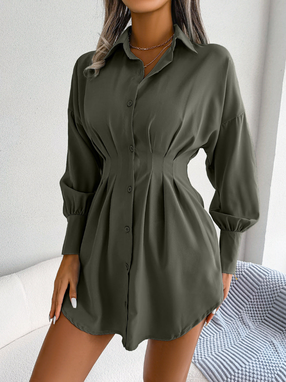 Button Casual Lantern Sleeve Waist-tight Asymmetric Shirt Women's Dress