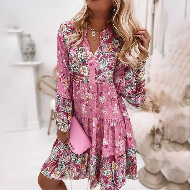 Women's Floral Splicing High Waist Skirt Layered Mini Dress