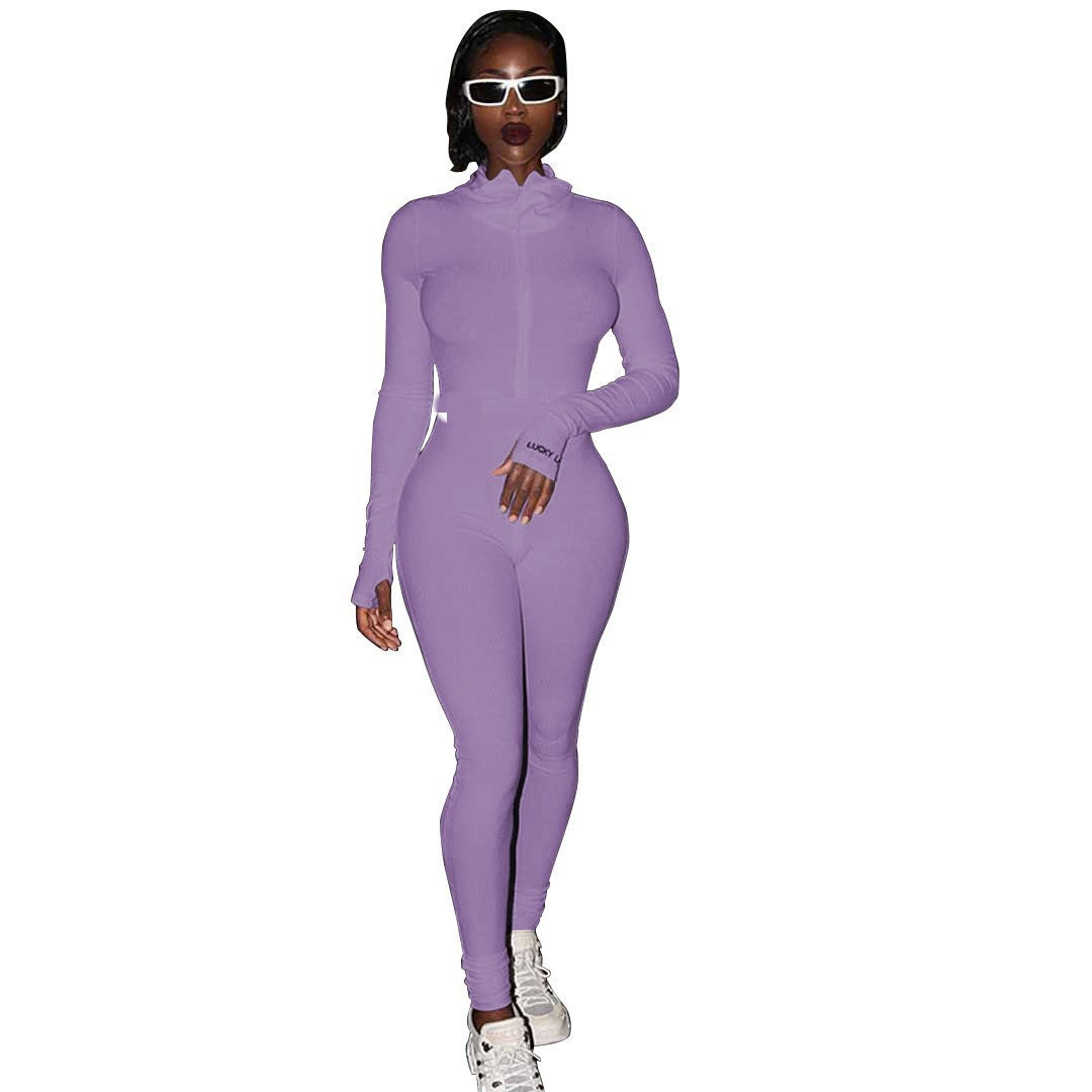 Polyester Leisure Women's Turtleneck Embroidered Slim Fit Fitness Jumpsuit