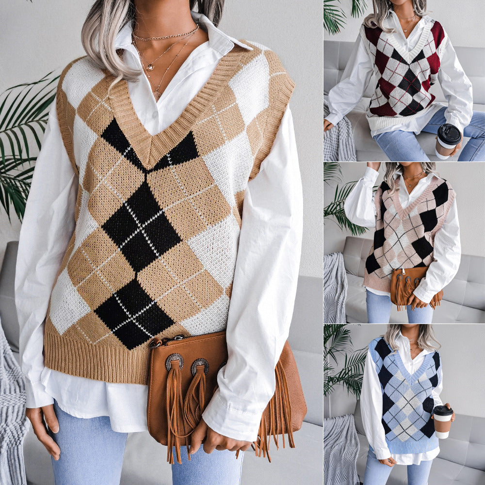 College Pullover Rhombus V-neck Casual Loose Knitted Sweater Women's Vest