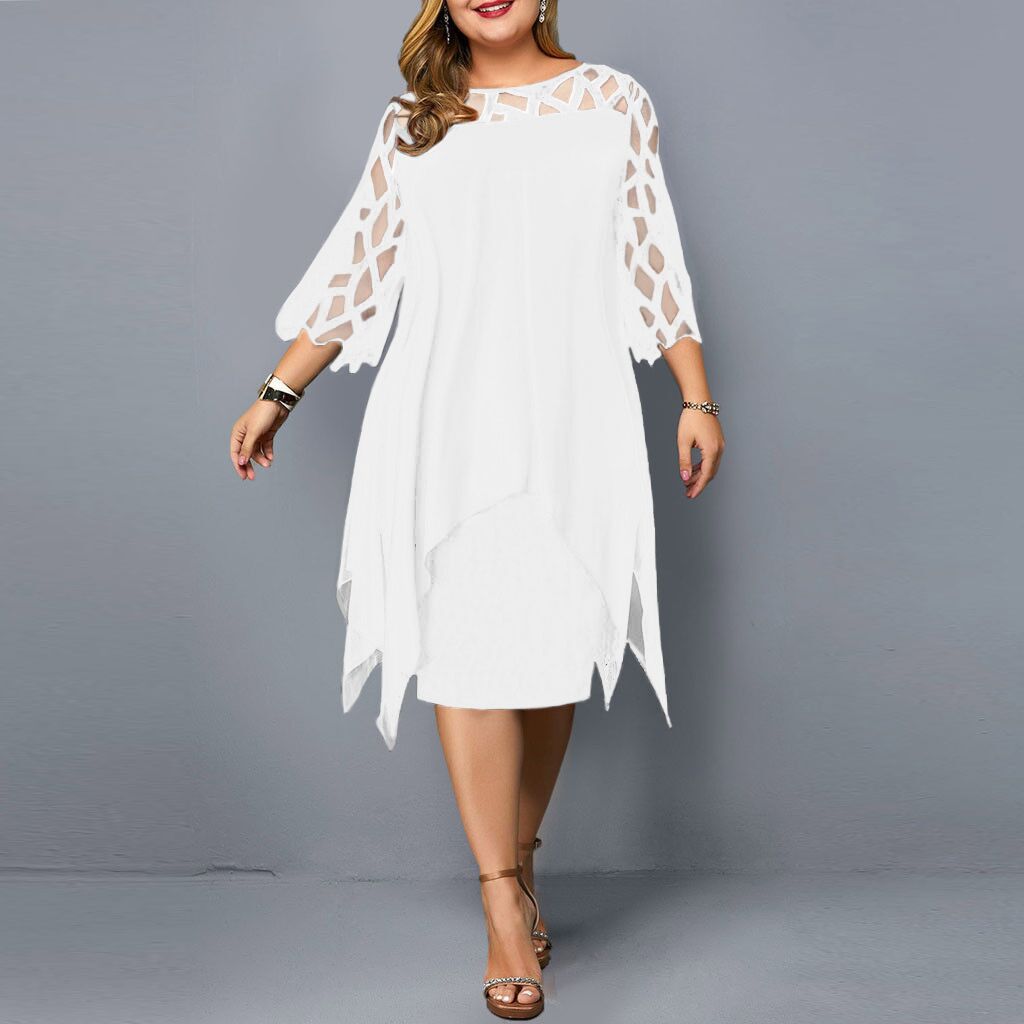 Lace Stitching 3/4 Sleeve Mid Skirt Irregular Hem Chiffon Dress