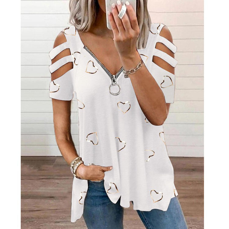Pullover Women's Collar Zipper Print Short Sleeve Loose-fitting Casual T-shirt Top