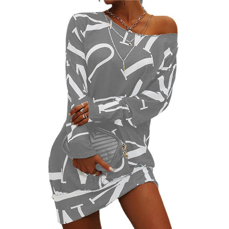 Women's Pullover Long-sleeved Letter Print Neck Casual Loose Dress
