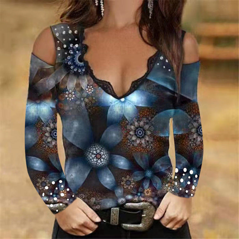 Long Pullover Sleeve Sexy Print V-neck Lace Off-the-shoulder T-shirt