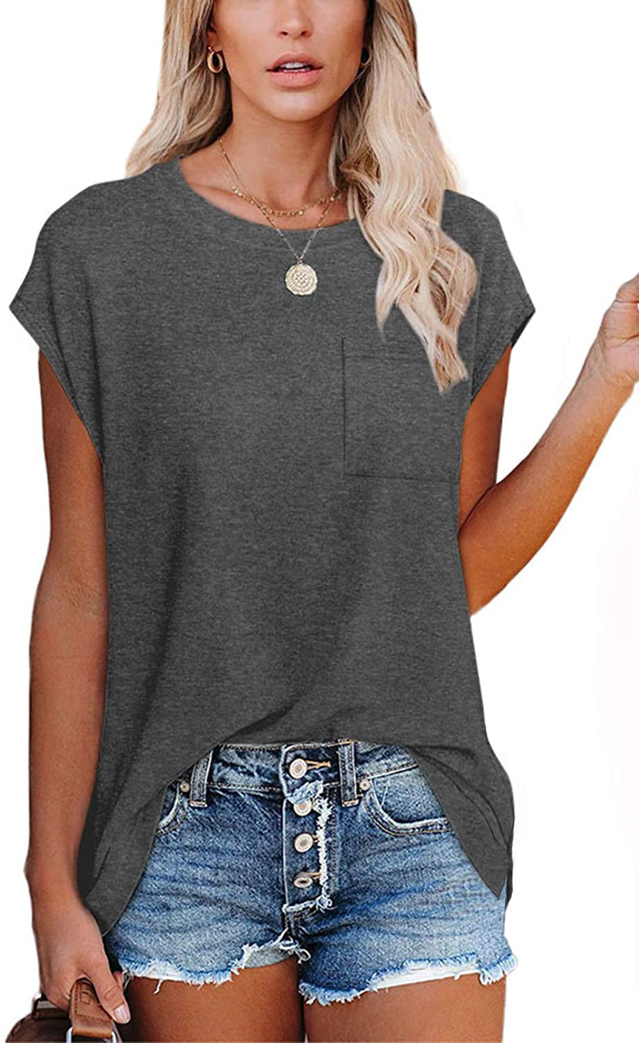 Women's Solid Color Round Leisure Neck Pocket Shoulder Short-sleeved T-shirt