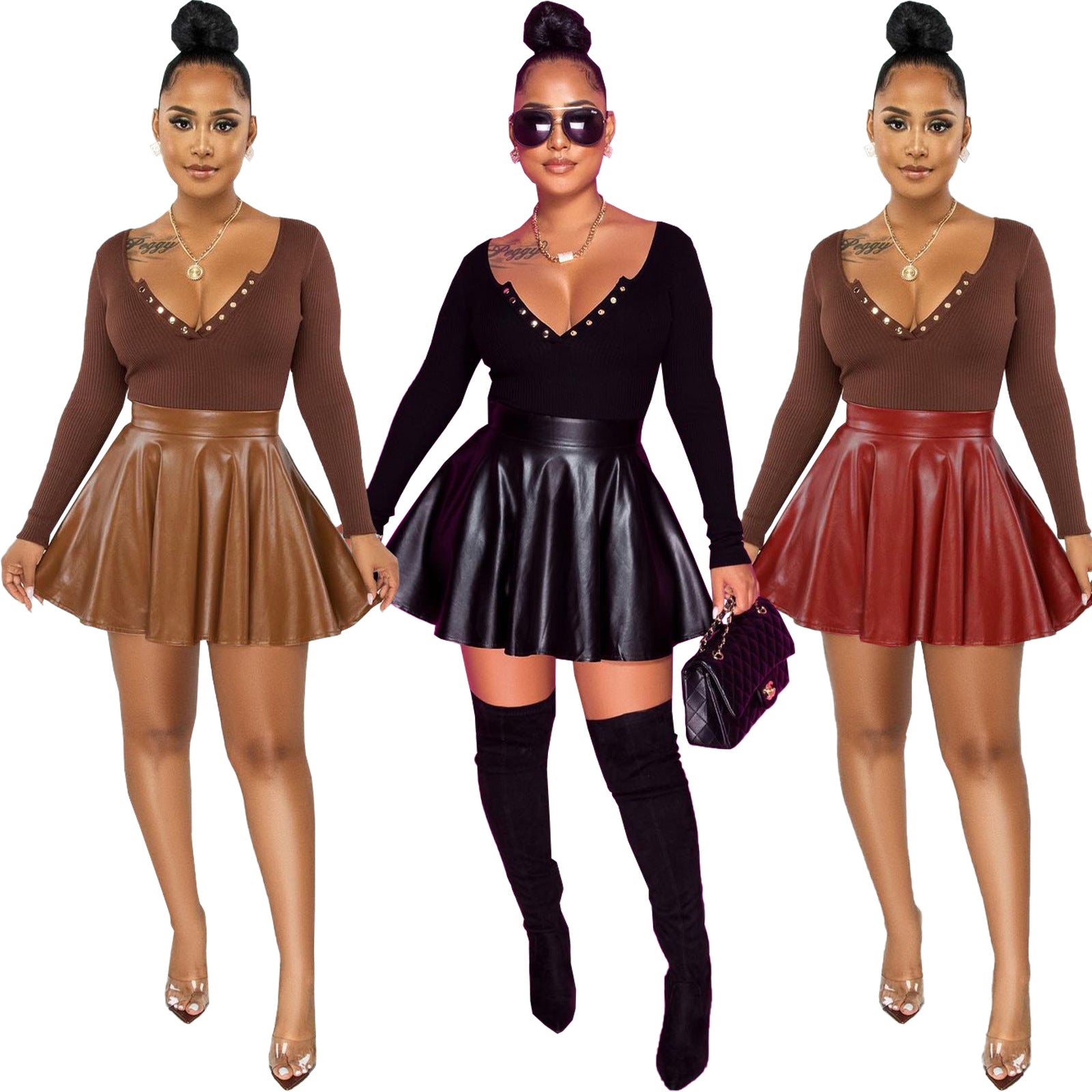 Women's Sexy Nightclub Party Solid Color Leather Swing Mini Skirt
